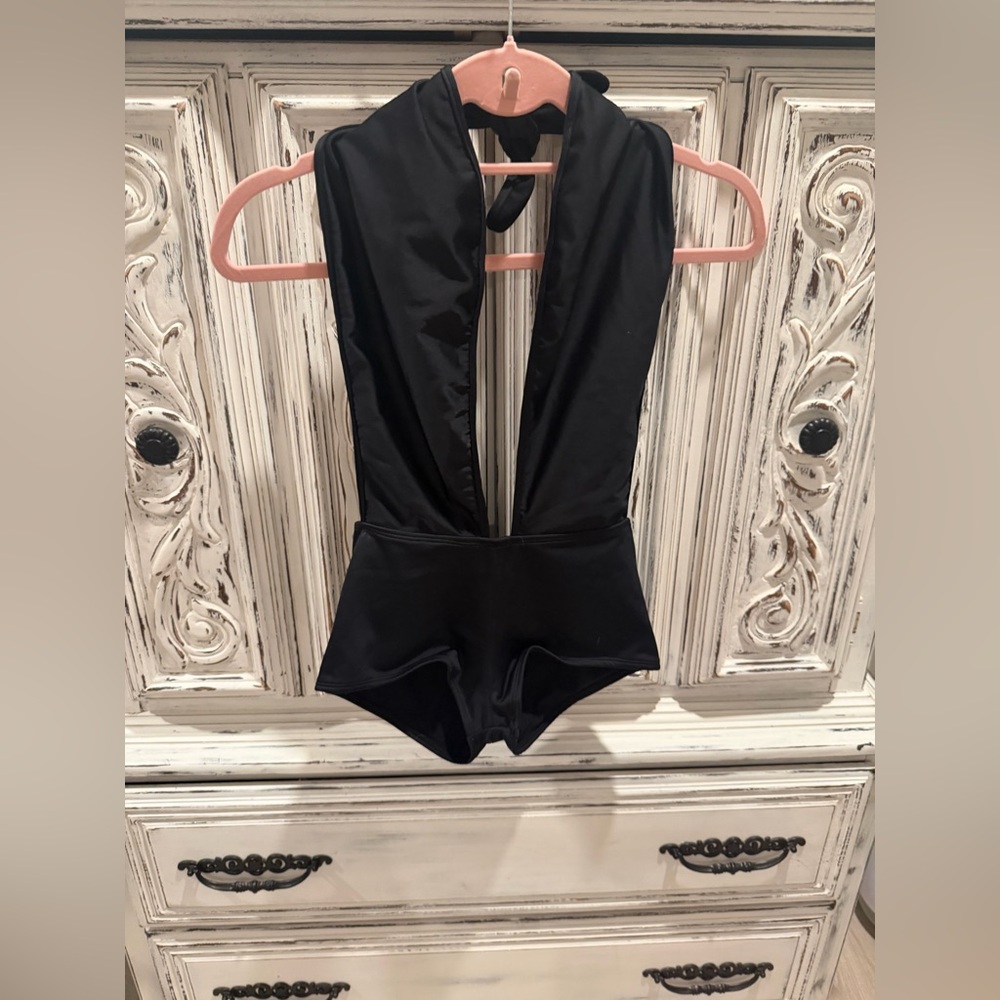 Black Halter One-Piece Swimsuit with Deep V